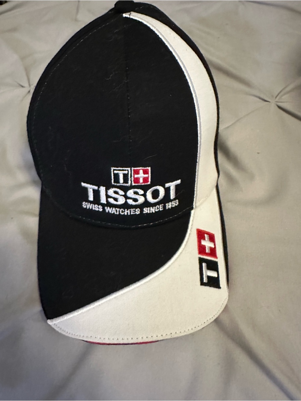 Tissot Black and White Men's Logo Baseball Cap with Red Swiss Cross